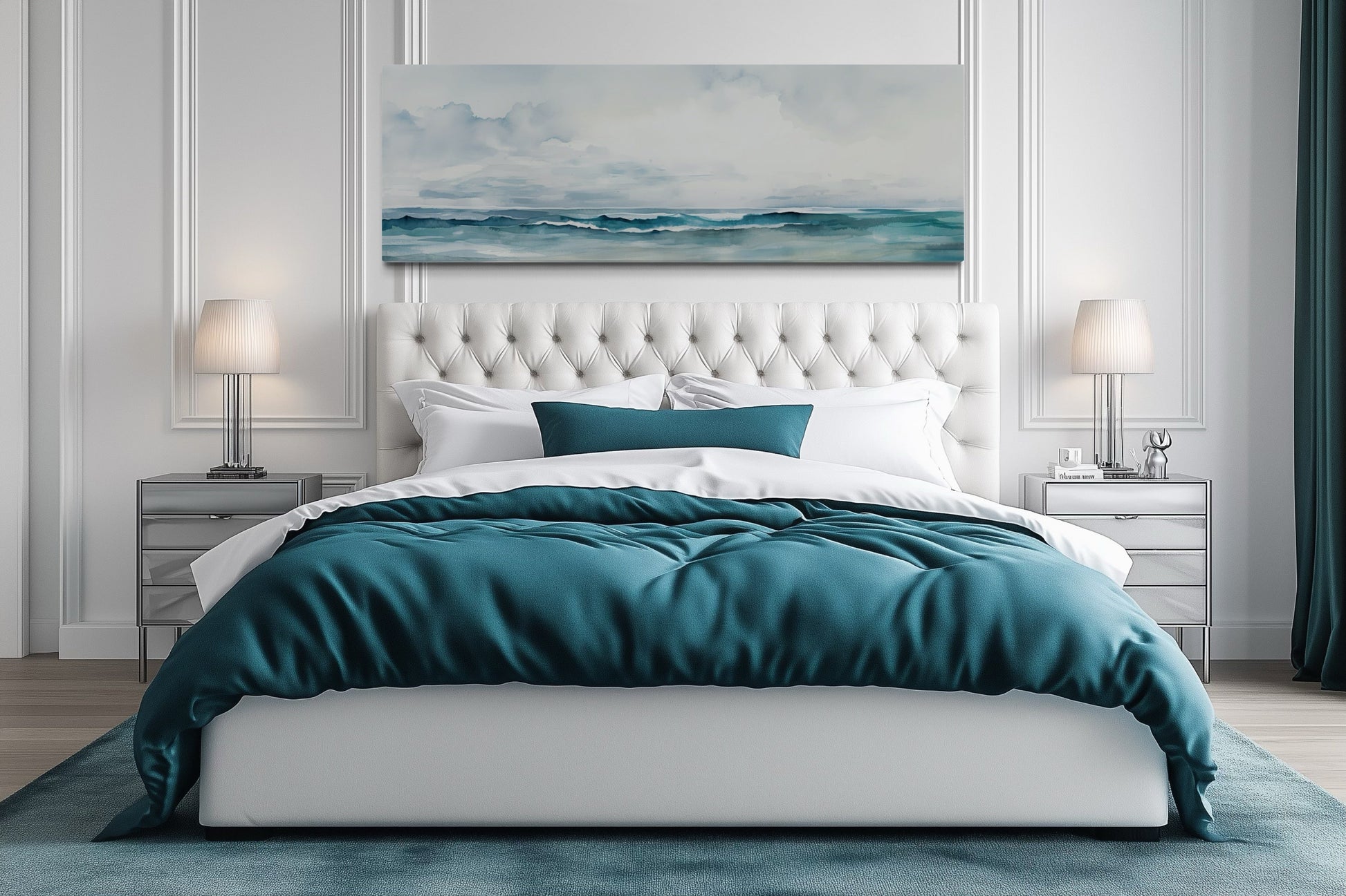 Minimalist Ocean Blue Gray Horizontal Over Bed Framed Canvas Wall Art