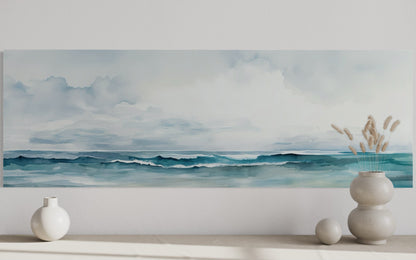 Minimalist Ocean Blue Gray Horizontal Over Bed Framed Canvas Wall Art
