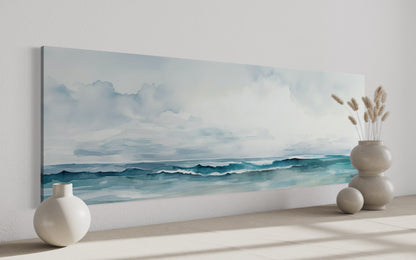 Minimalist Ocean Blue Gray Horizontal Over Bed Framed Canvas Wall Art