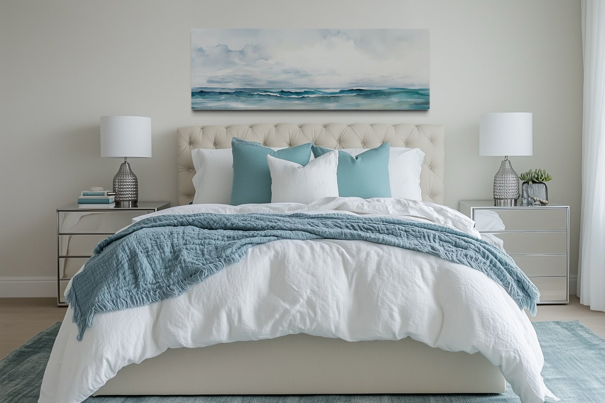 Minimalist Ocean Blue Gray Horizontal Over Bed Framed Canvas Wall Art