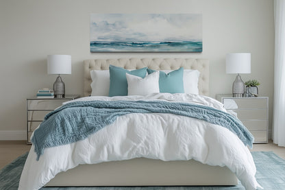 Minimalist Ocean Blue Gray Horizontal Over Bed Framed Canvas Wall Art