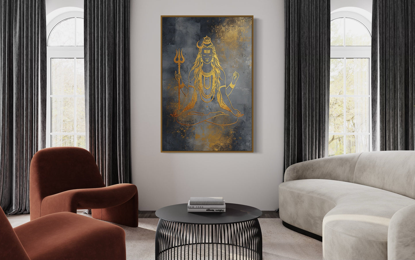 Minimalist Silver Gold Lord Shiva Indian Framed Canvas Wall Art