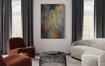 Minimalist Silver Gold Lord Shiva Indian Framed Canvas Wall Art
