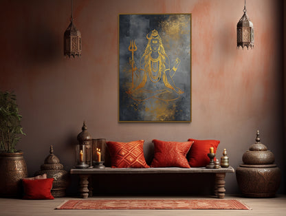 Minimalist Silver Gold Lord Shiva Indian Framed Canvas Wall Art