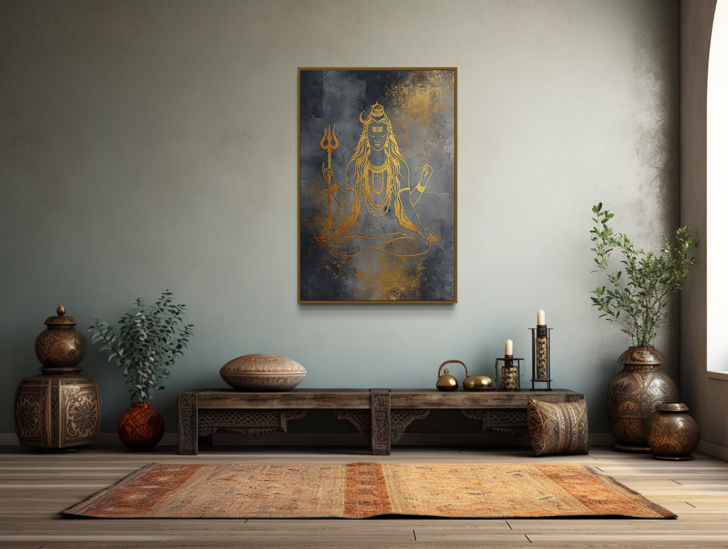 Minimalist Silver Gold Lord Shiva Indian Framed Canvas Wall Art