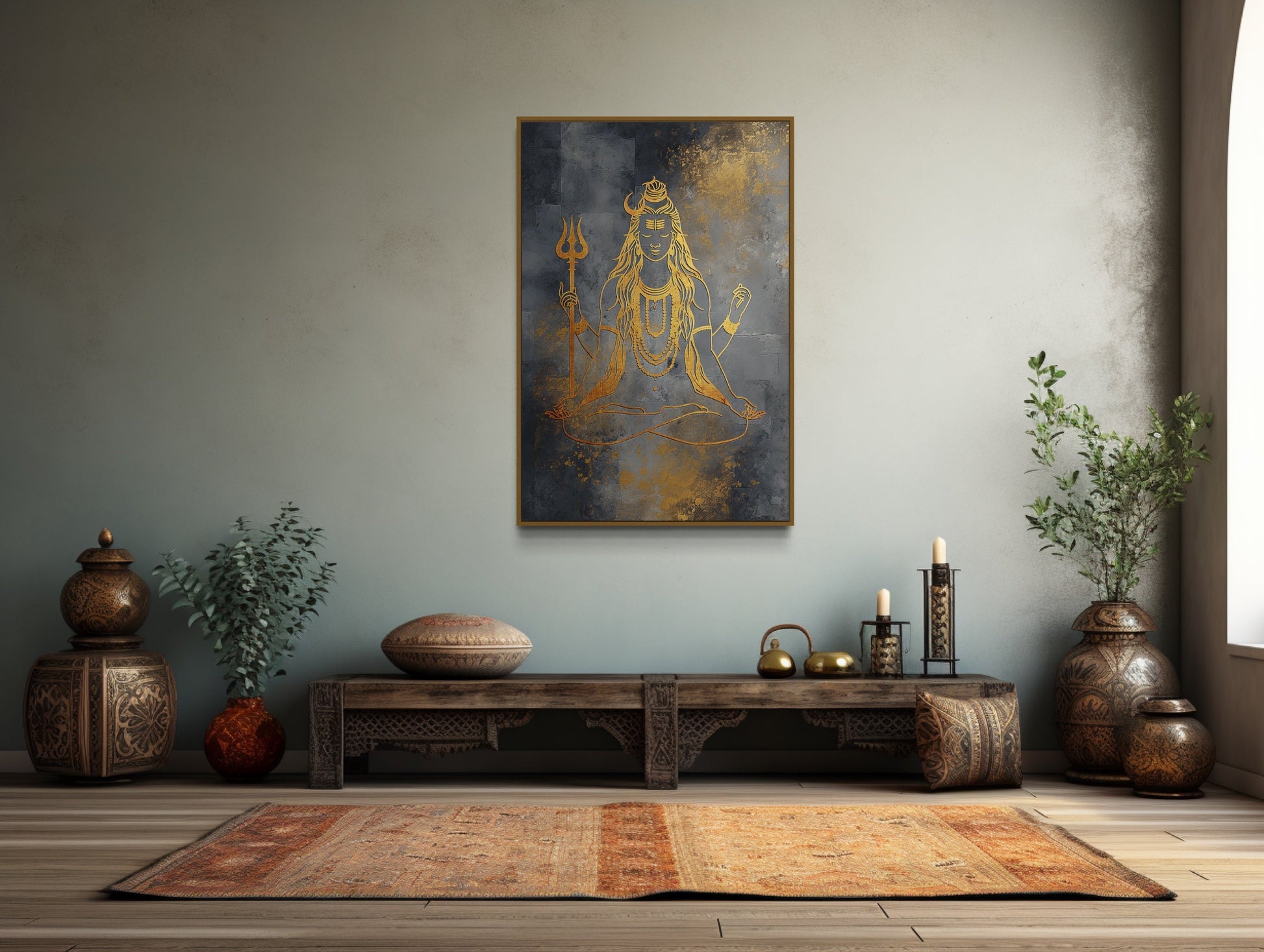 Minimalist Silver Gold Lord Shiva Indian Framed Canvas Wall Art