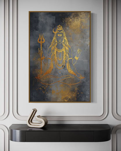 Minimalist Silver Gold Lord Shiva Indian Framed Canvas Wall Art