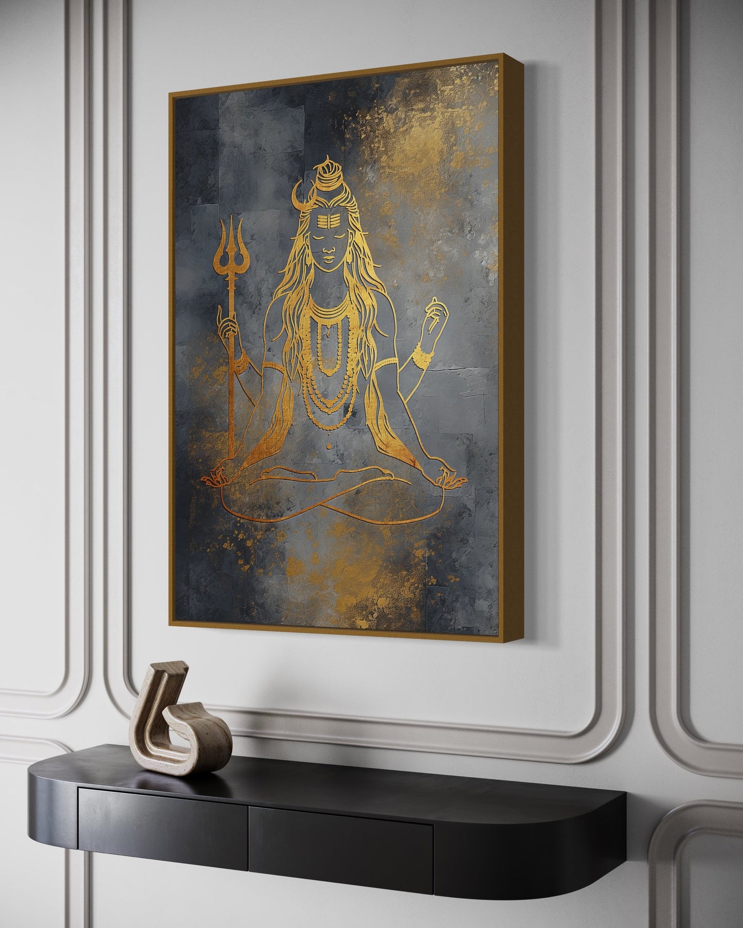 Minimalist Silver Gold Lord Shiva Indian Framed Canvas Wall Art