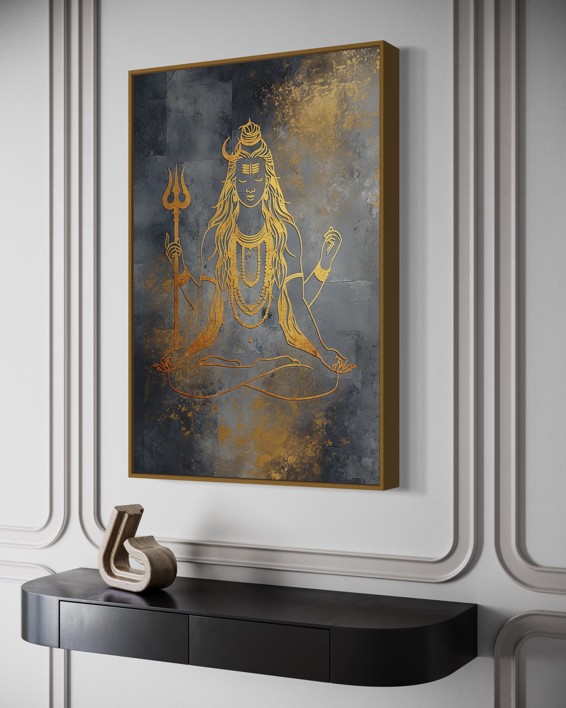 Minimalist Silver Gold Lord Shiva Indian Framed Canvas Wall Art