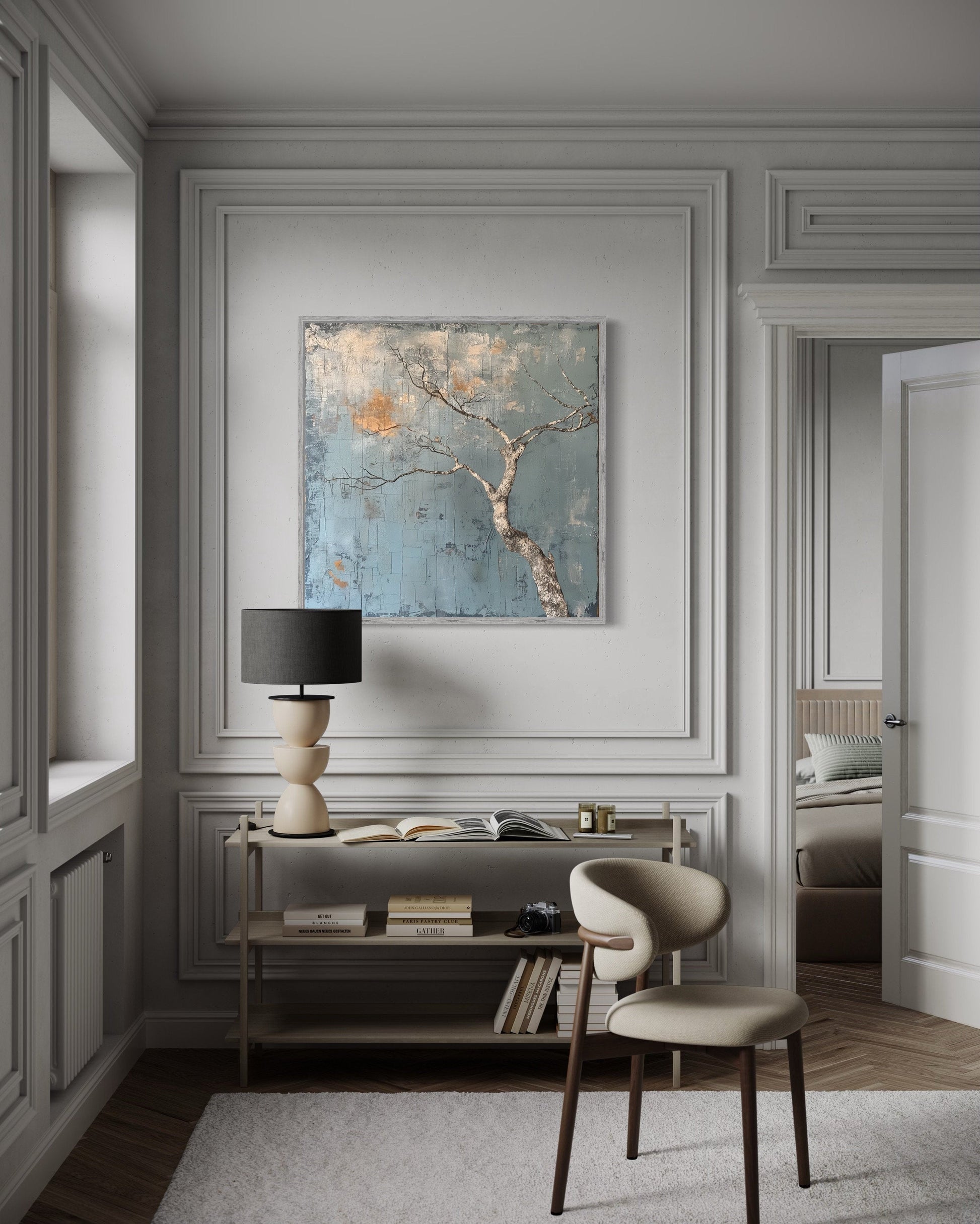Minimalist Blue White Tree Japanese Wabi Sabi Framed Canvas Wall Art