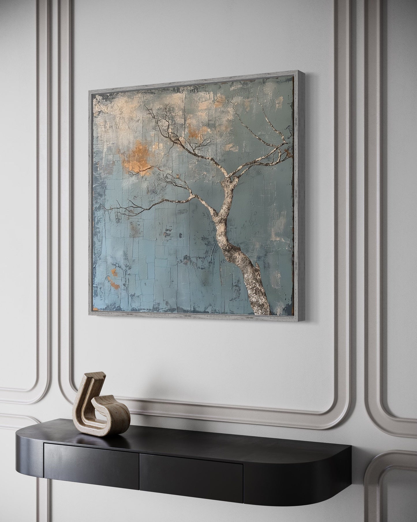 Minimalist Blue White Tree Japanese Wabi Sabi Framed Canvas Wall Art