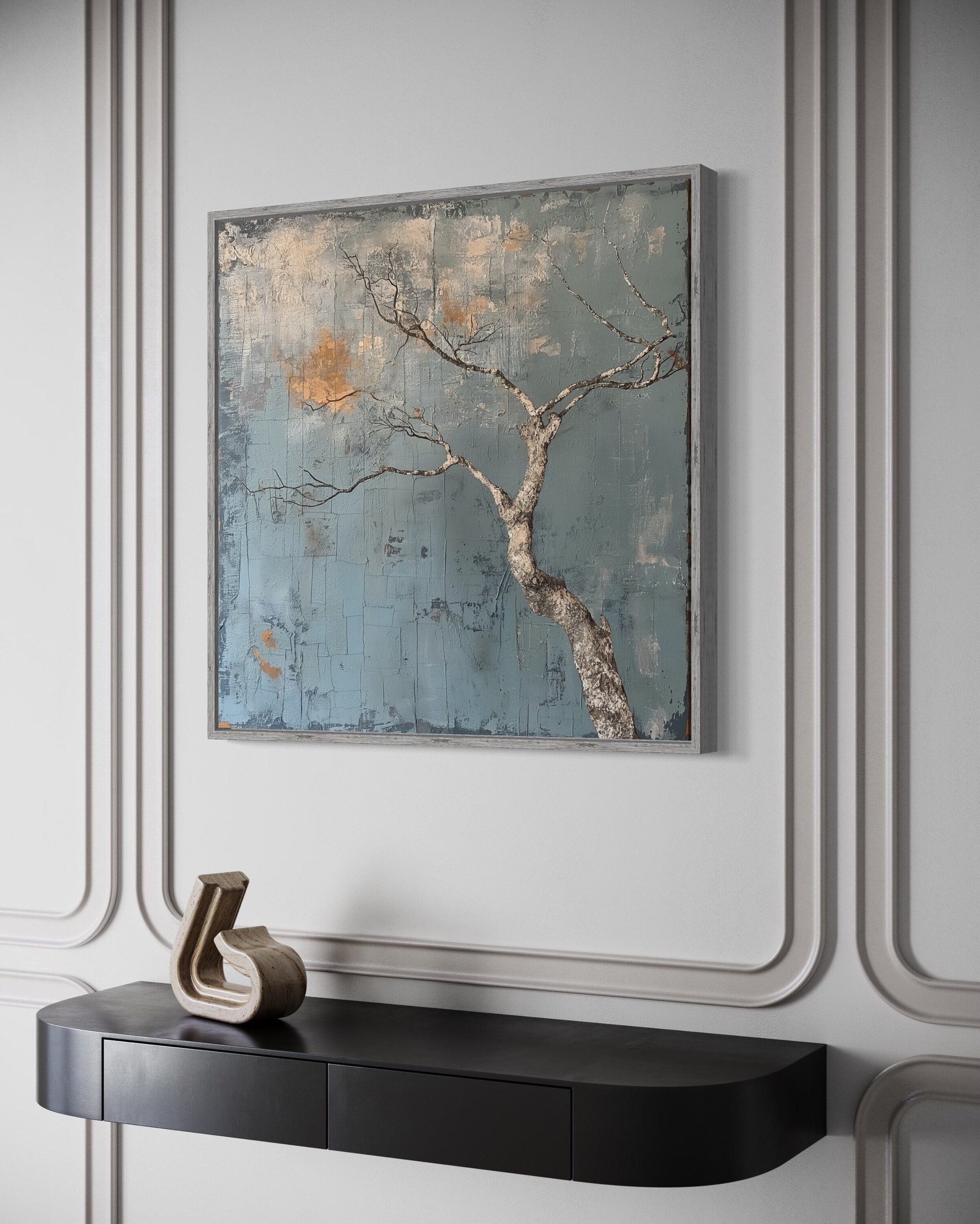 Minimalist Blue White Tree Japanese Wabi Sabi Framed Canvas Wall Art