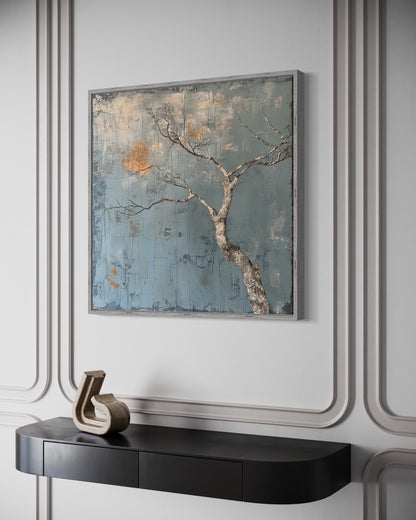 Minimalist Blue White Tree Japanese Wabi Sabi Framed Canvas Wall Art