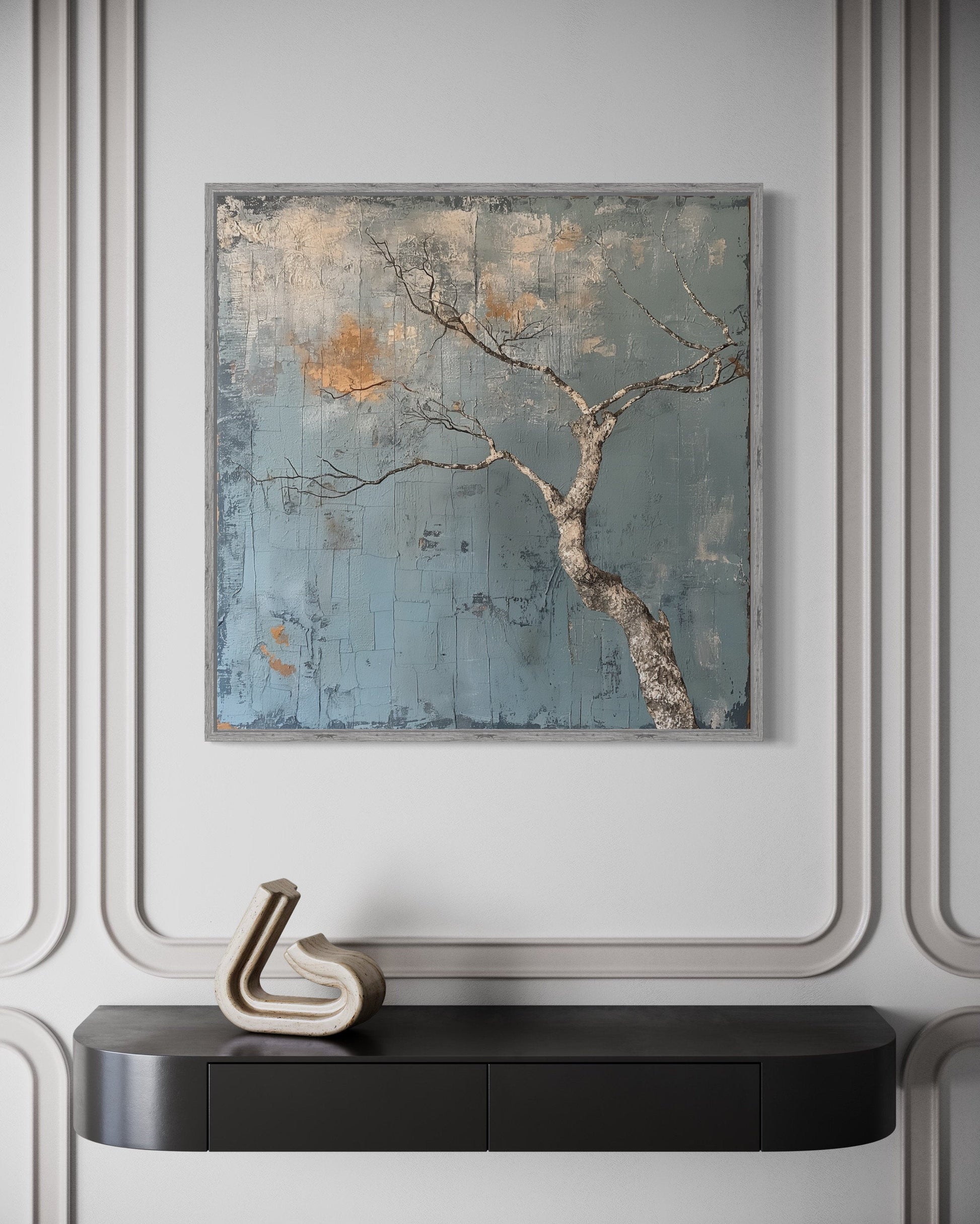 Minimalist Blue White Tree Japanese Wabi Sabi Framed Canvas Wall Art