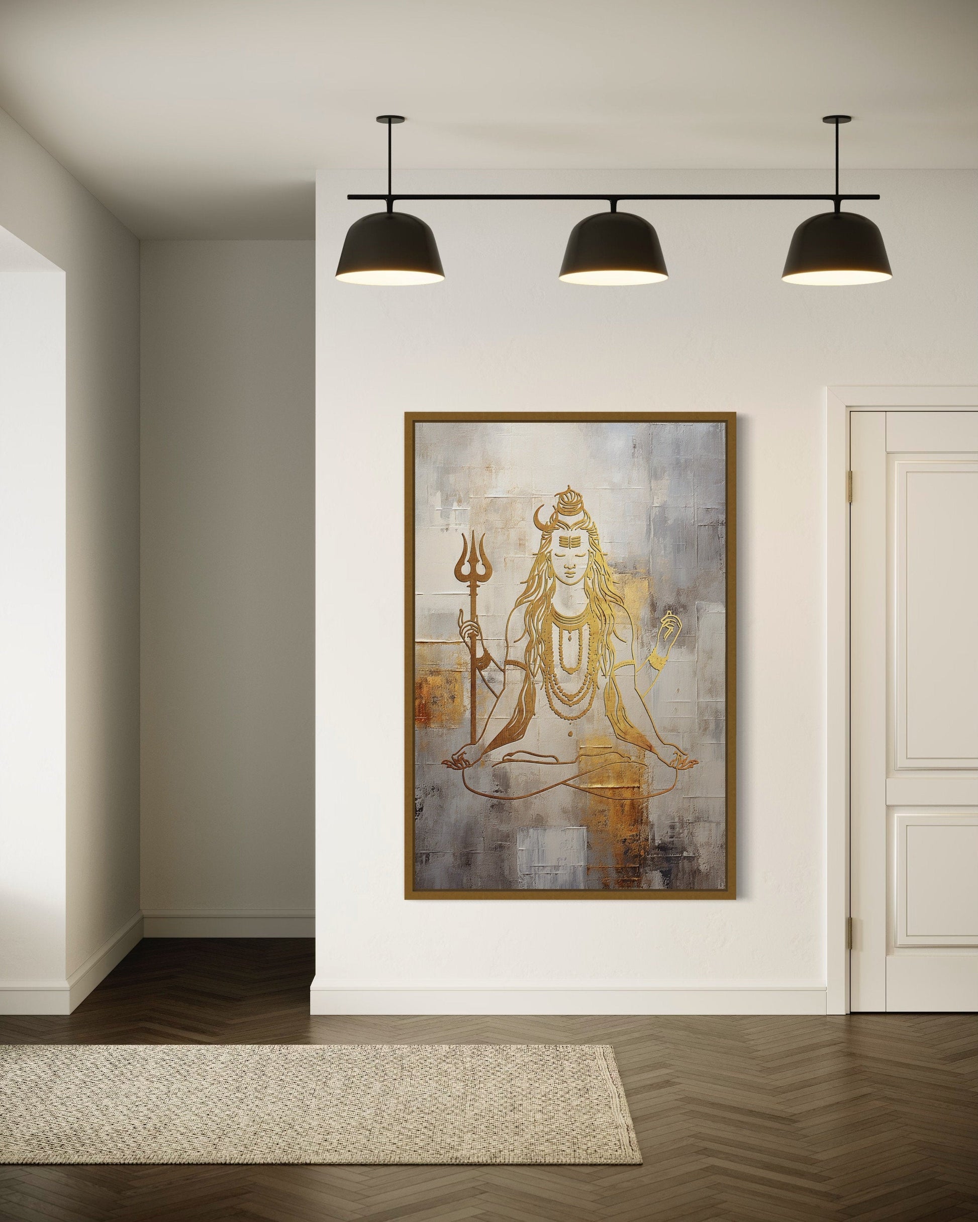 Minimalist White Gold Lord Shiva Painting Framed Indian Canvas Wall Art