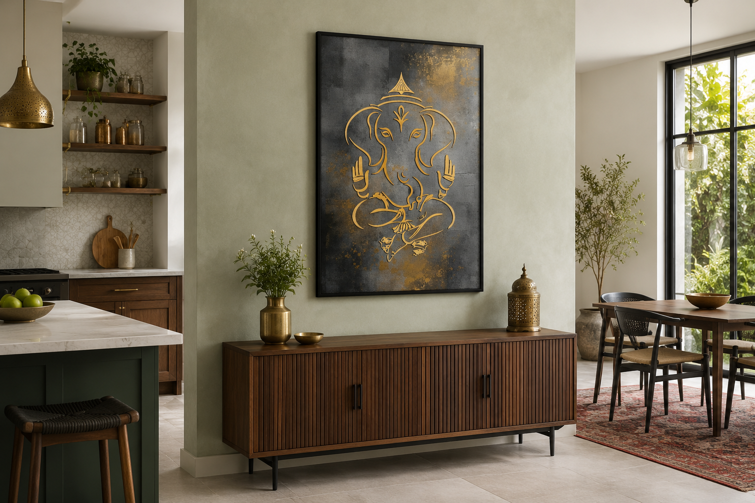 Minimalist Modern Silver Gold Lord Ganesha Indian Framed Canvas Wall Art