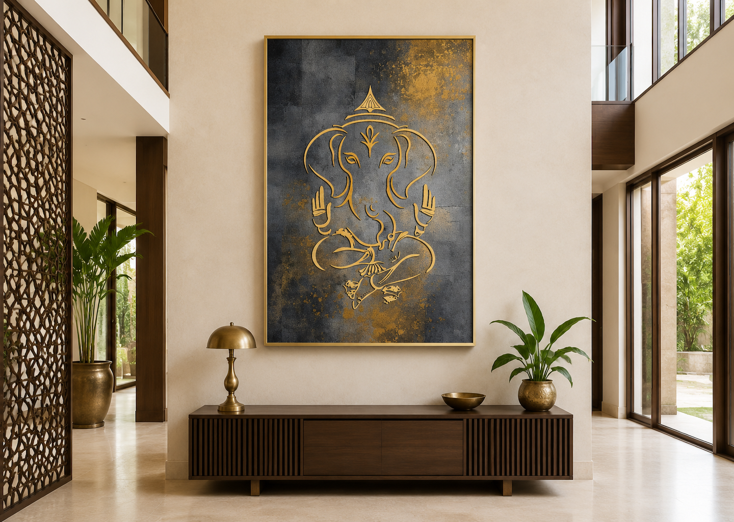 Minimalist Modern Silver Gold Lord Ganesha Indian Framed Canvas Wall Art
