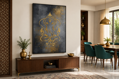 Minimalist Modern Silver Gold Lord Ganesha Indian Framed Canvas Wall Art