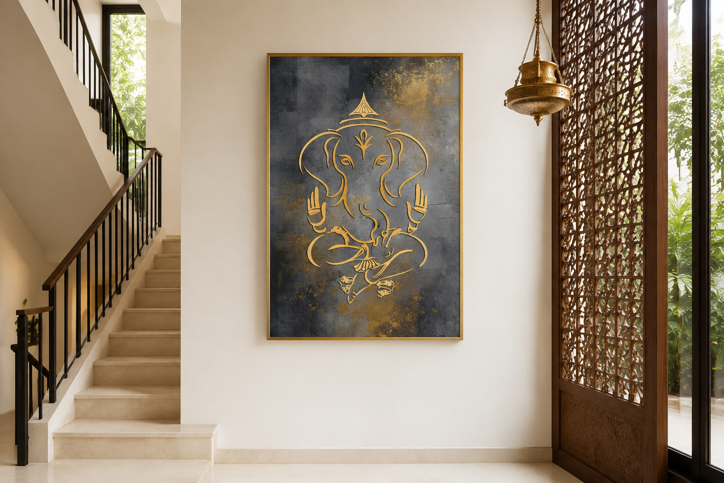 Minimalist Modern Silver Gold Lord Ganesha Indian Framed Canvas Wall Art
