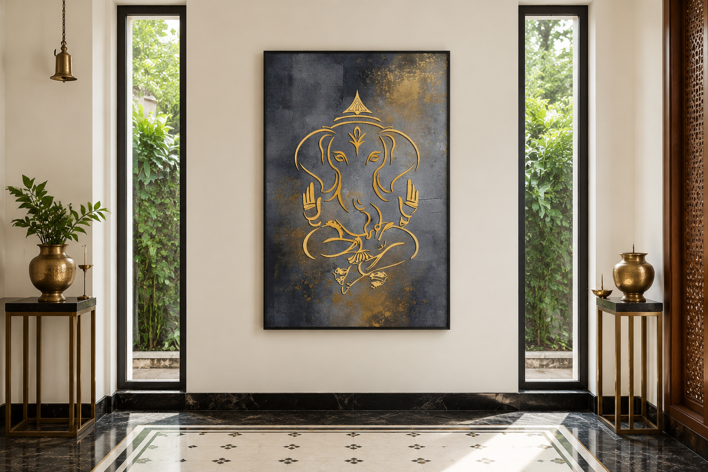 Minimalist Modern Silver Gold Lord Ganesha Indian Framed Canvas Wall Art