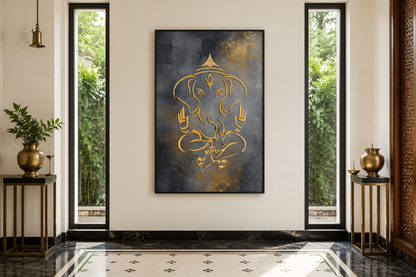 Minimalist Modern Silver Gold Lord Ganesha Indian Framed Canvas Wall Art