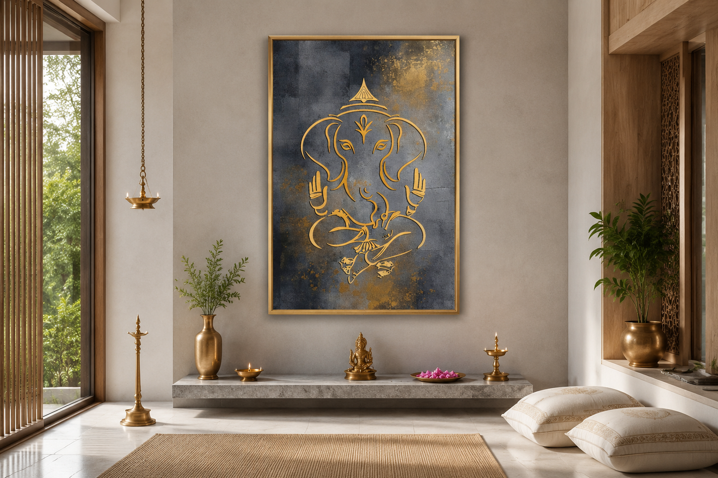 Minimalist Modern Silver Gold Lord Ganesha Indian Framed Canvas Wall Art