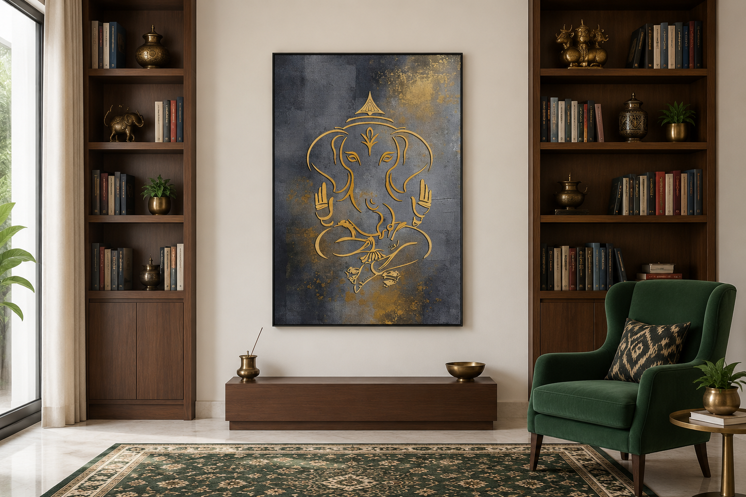 Minimalist Modern Silver Gold Lord Ganesha Indian Framed Canvas Wall Art
