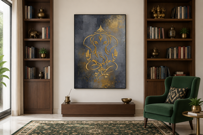 Minimalist Modern Silver Gold Lord Ganesha Indian Framed Canvas Wall Art
