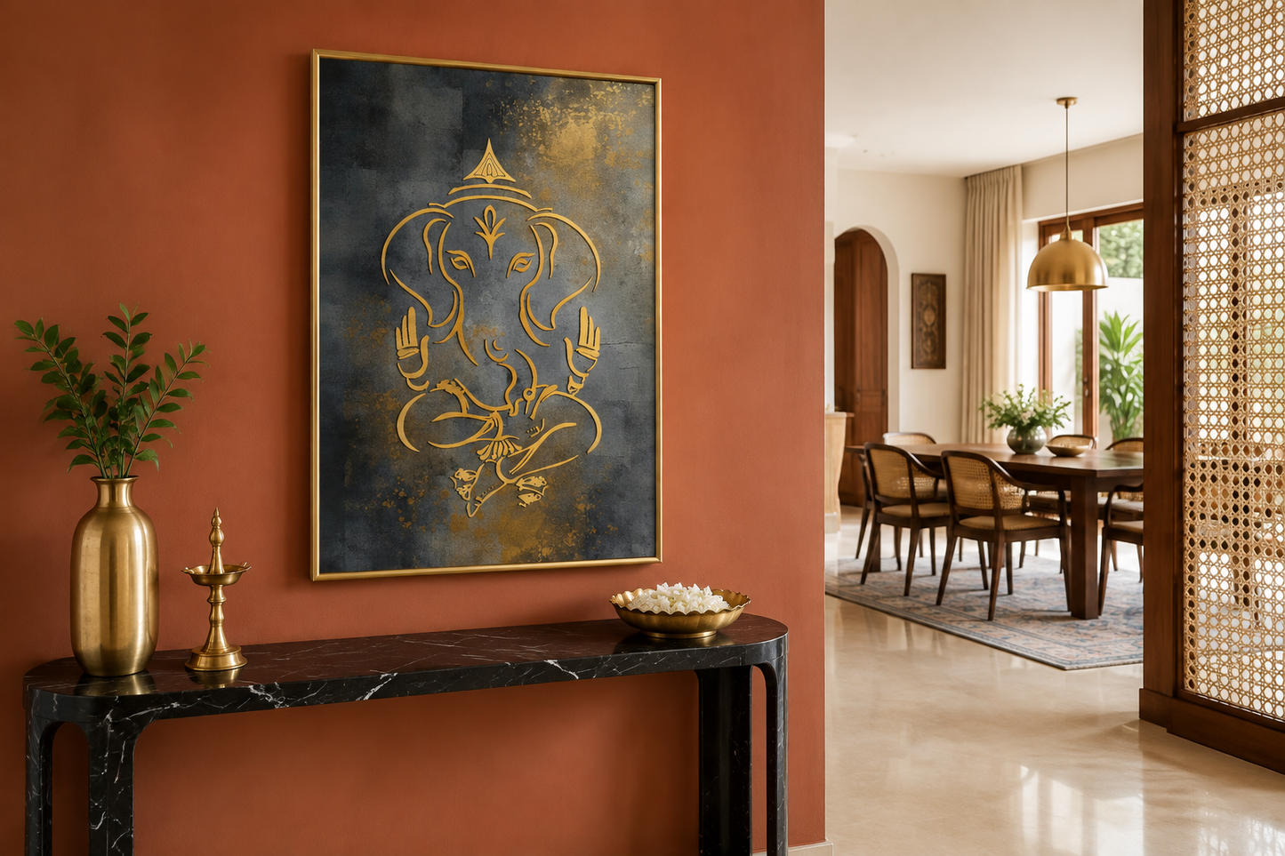 Minimalist Modern Silver Gold Lord Ganesha Indian Framed Canvas Wall Art