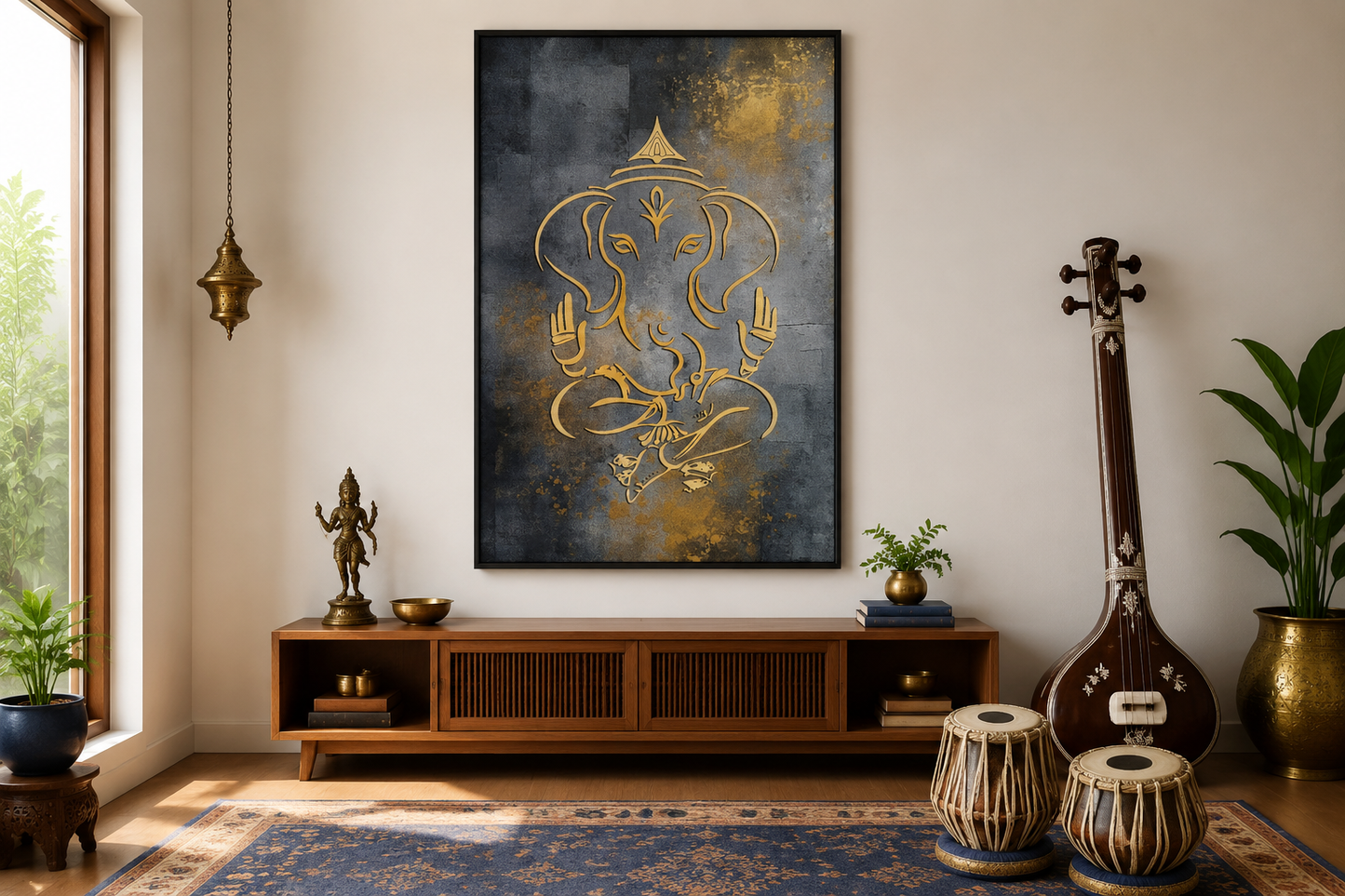 Minimalist Modern Silver Gold Lord Ganesha Indian Framed Canvas Wall Art