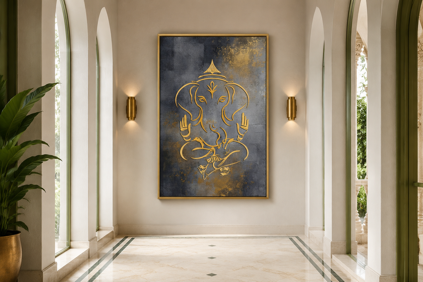 Minimalist Modern Silver Gold Lord Ganesha Indian Framed Canvas Wall Art