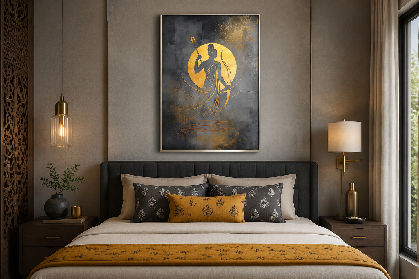 Minimalist Lord Rama Silver Gold Indian Framed Canvas Wall Art