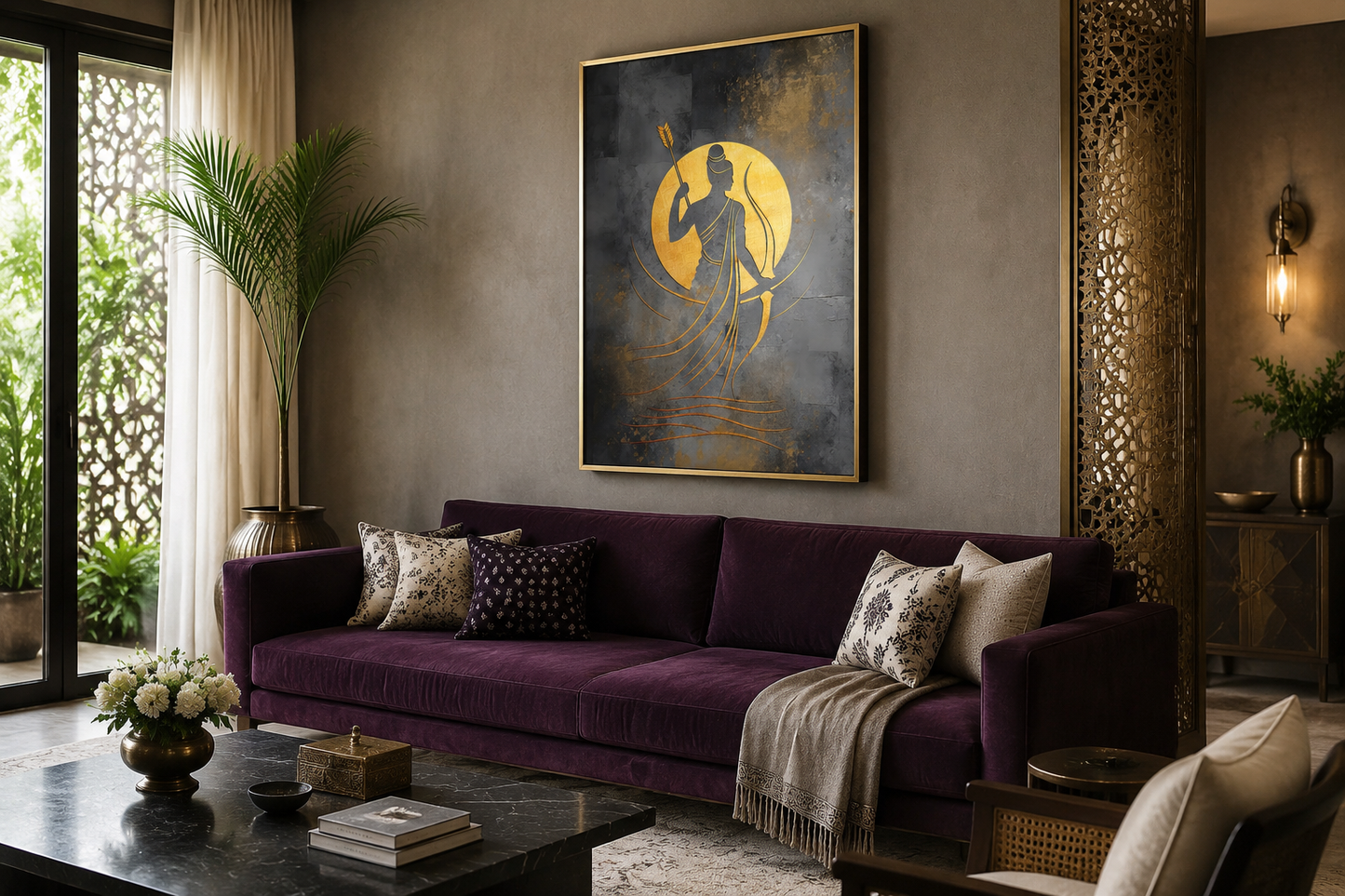 Minimalist Lord Rama Silver Gold Indian Framed Canvas Wall Art