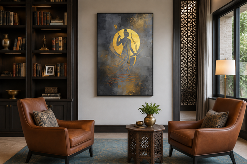 Minimalist Lord Rama Silver Gold Indian Framed Canvas Wall Art