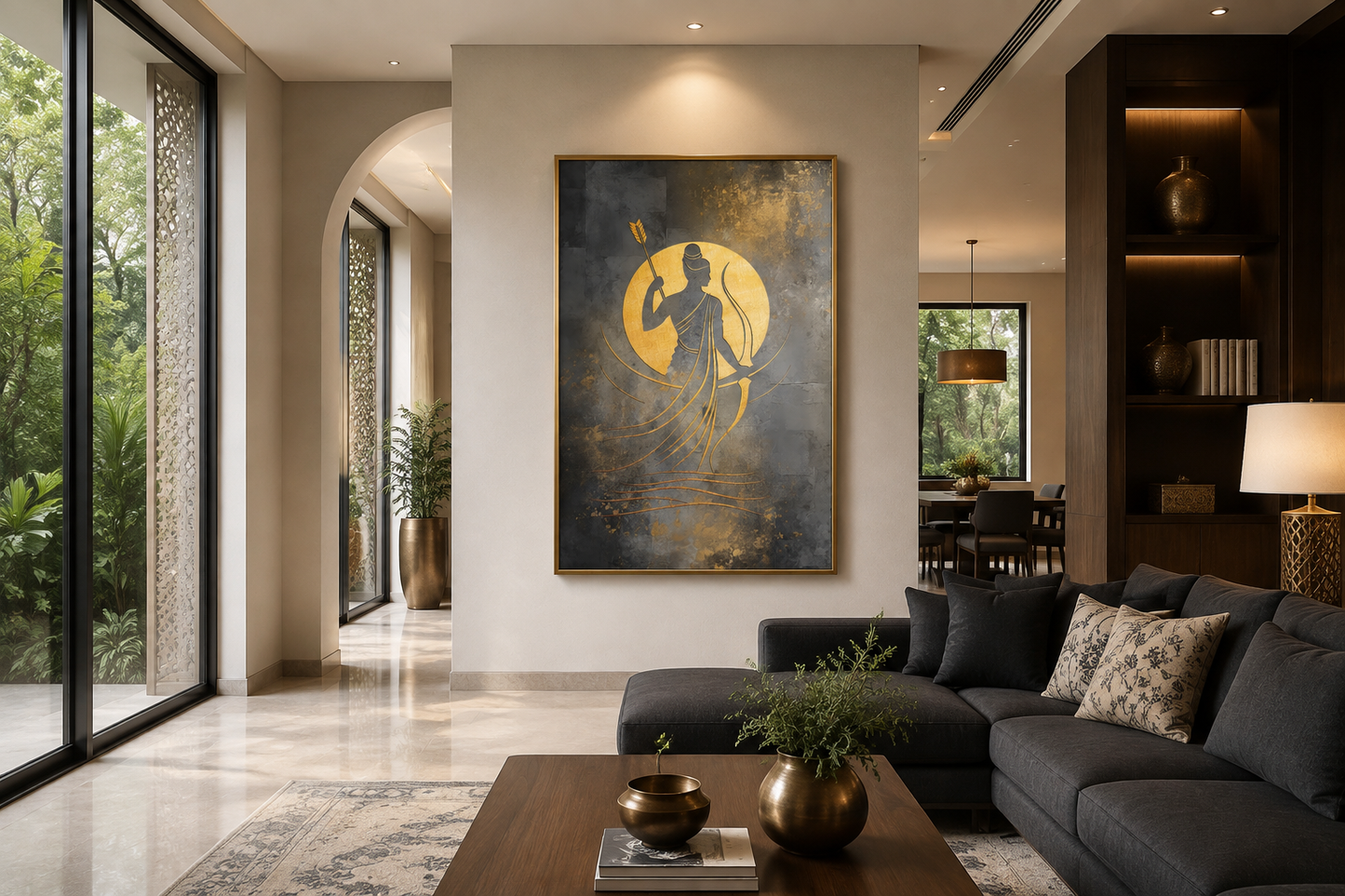 Minimalist Lord Rama Silver Gold Indian Framed Canvas Wall Art
