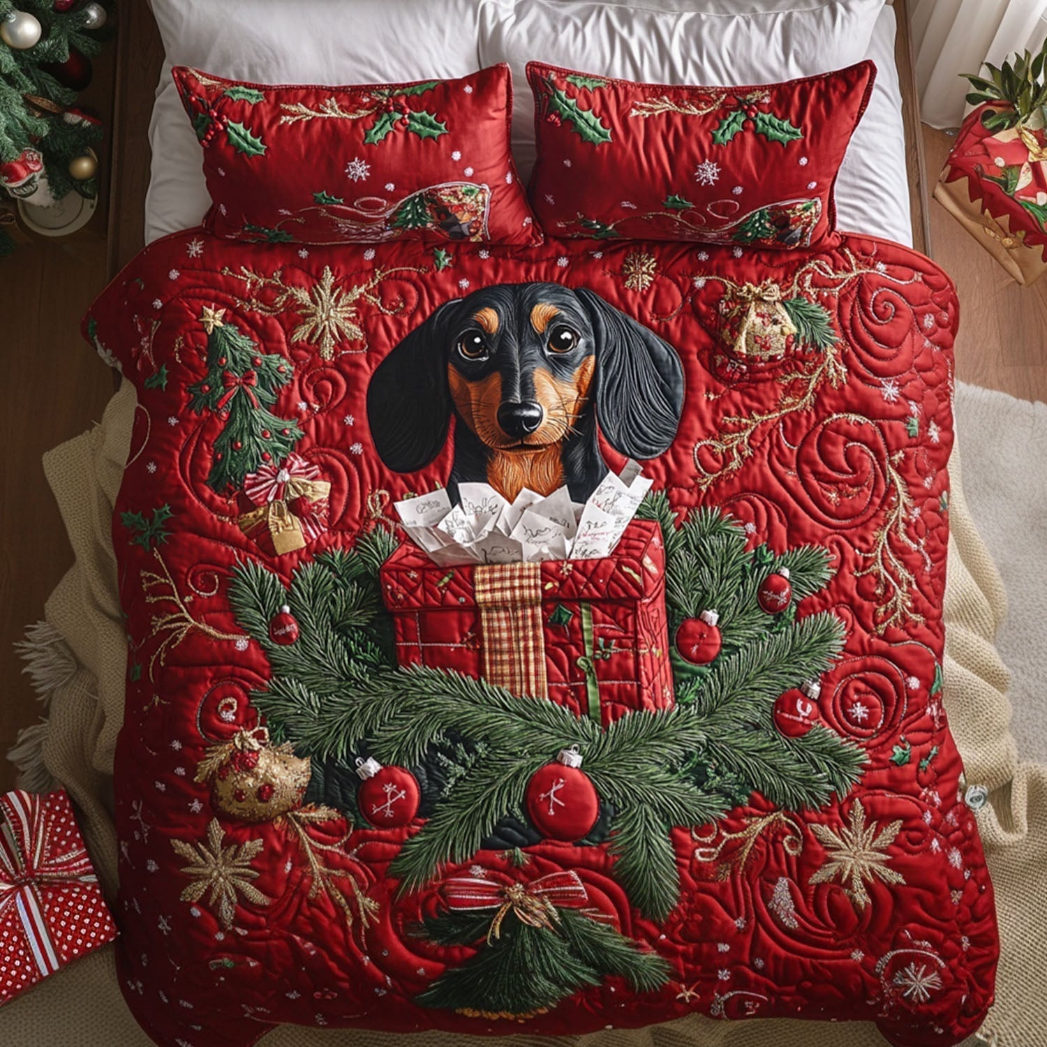 Mistletoe Dachshund 3-Piece Quilted Bedding Set - Single (59" x 70")