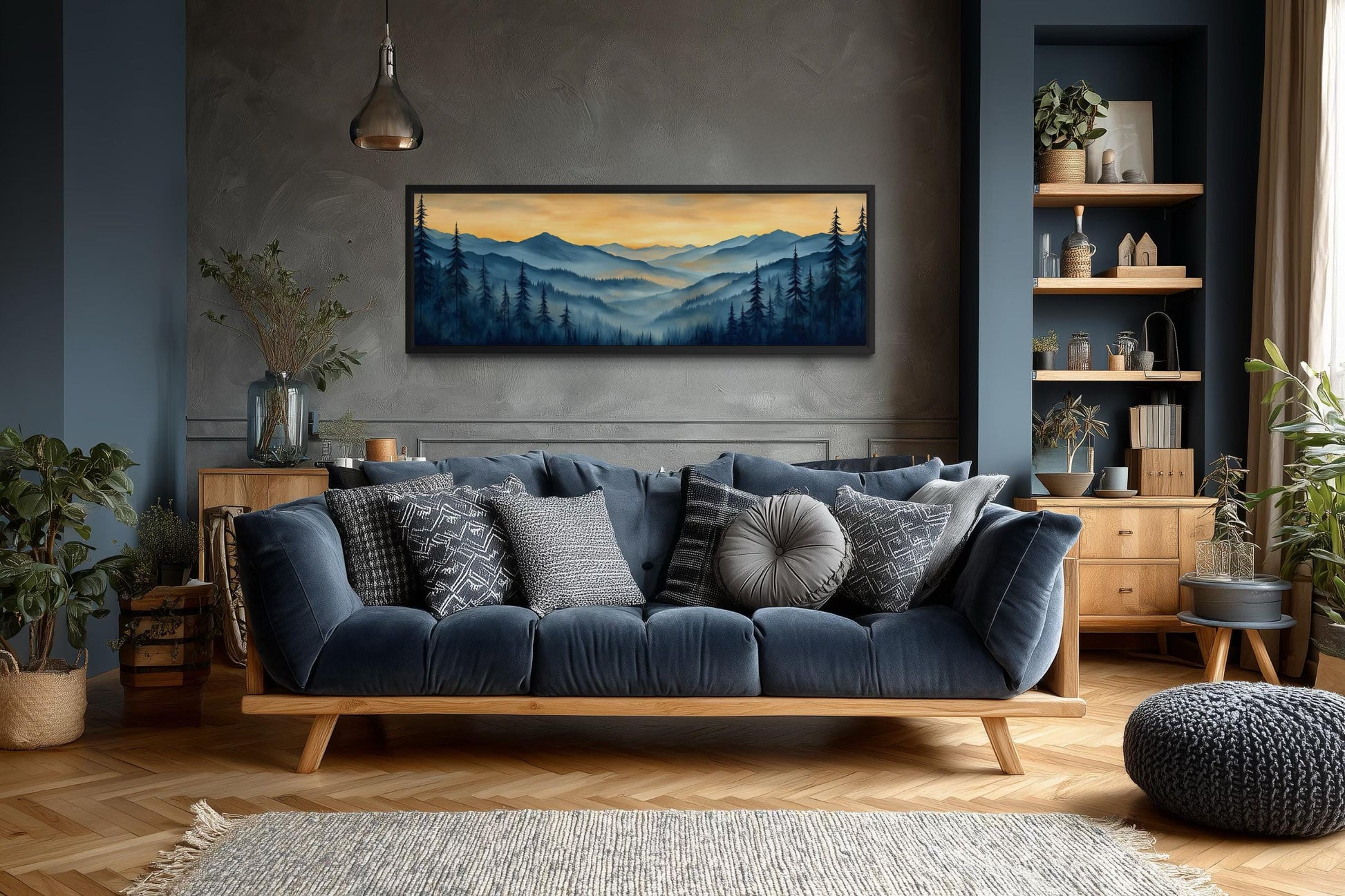 Misty Mountain Forest Sunset Long Horizontal Canvas Wall Art
