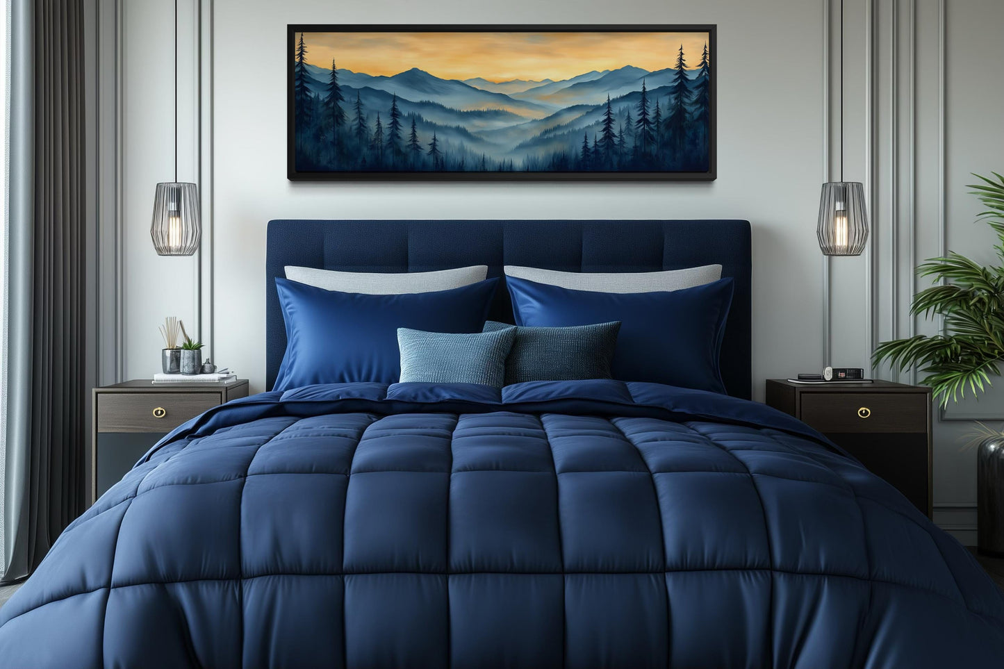 Misty Mountain Forest Sunset Long Horizontal Canvas Wall Art