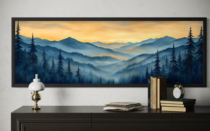Misty Mountain Forest Sunset Long Horizontal Canvas Wall Art
