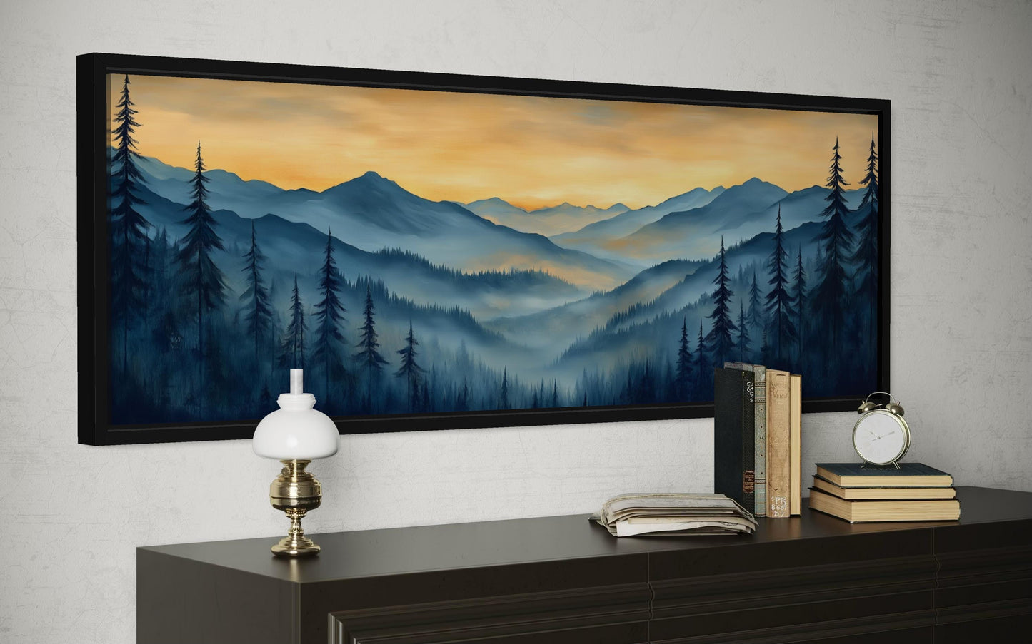 Misty Mountain Forest Sunset Long Horizontal Canvas Wall Art
