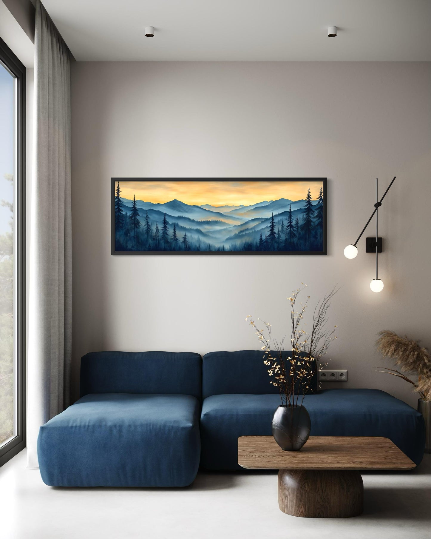 Misty Mountain Forest Sunset Long Horizontal Canvas Wall Art