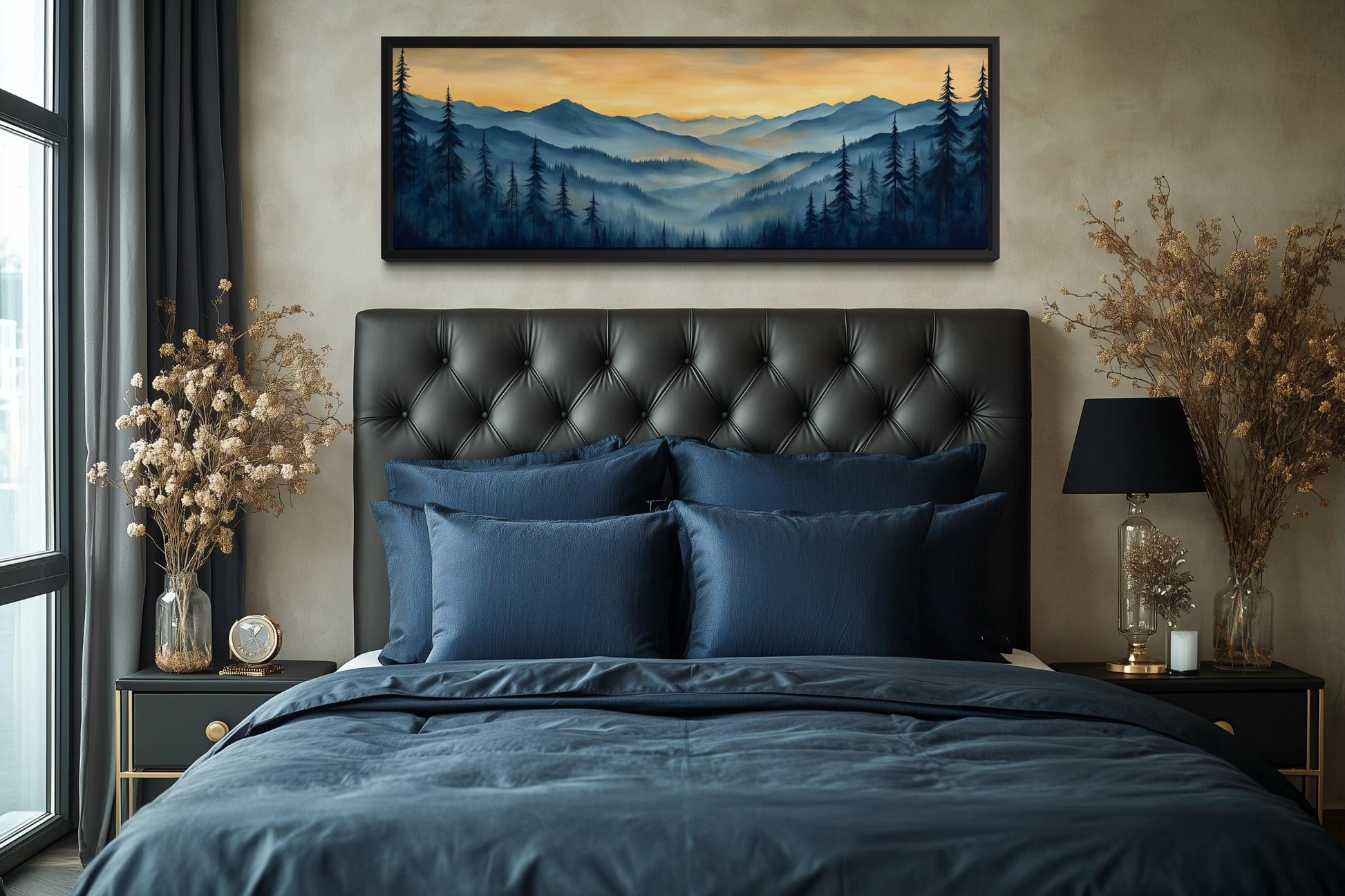 Misty Mountain Forest Sunset Long Horizontal Canvas Wall Art