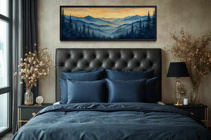 Misty Mountain Forest Sunset Long Horizontal Canvas Wall Art