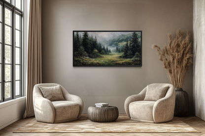 Misty Mountain Meadow and Pine Forest Canvas Wall Art