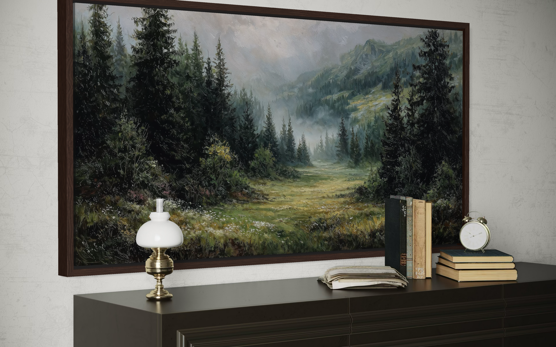 Misty Mountain Meadow and Pine Forest Canvas Wall Art