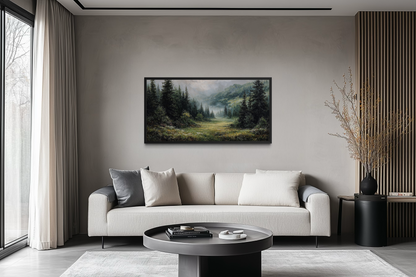 Misty Mountain Meadow and Pine Forest Canvas Wall Art