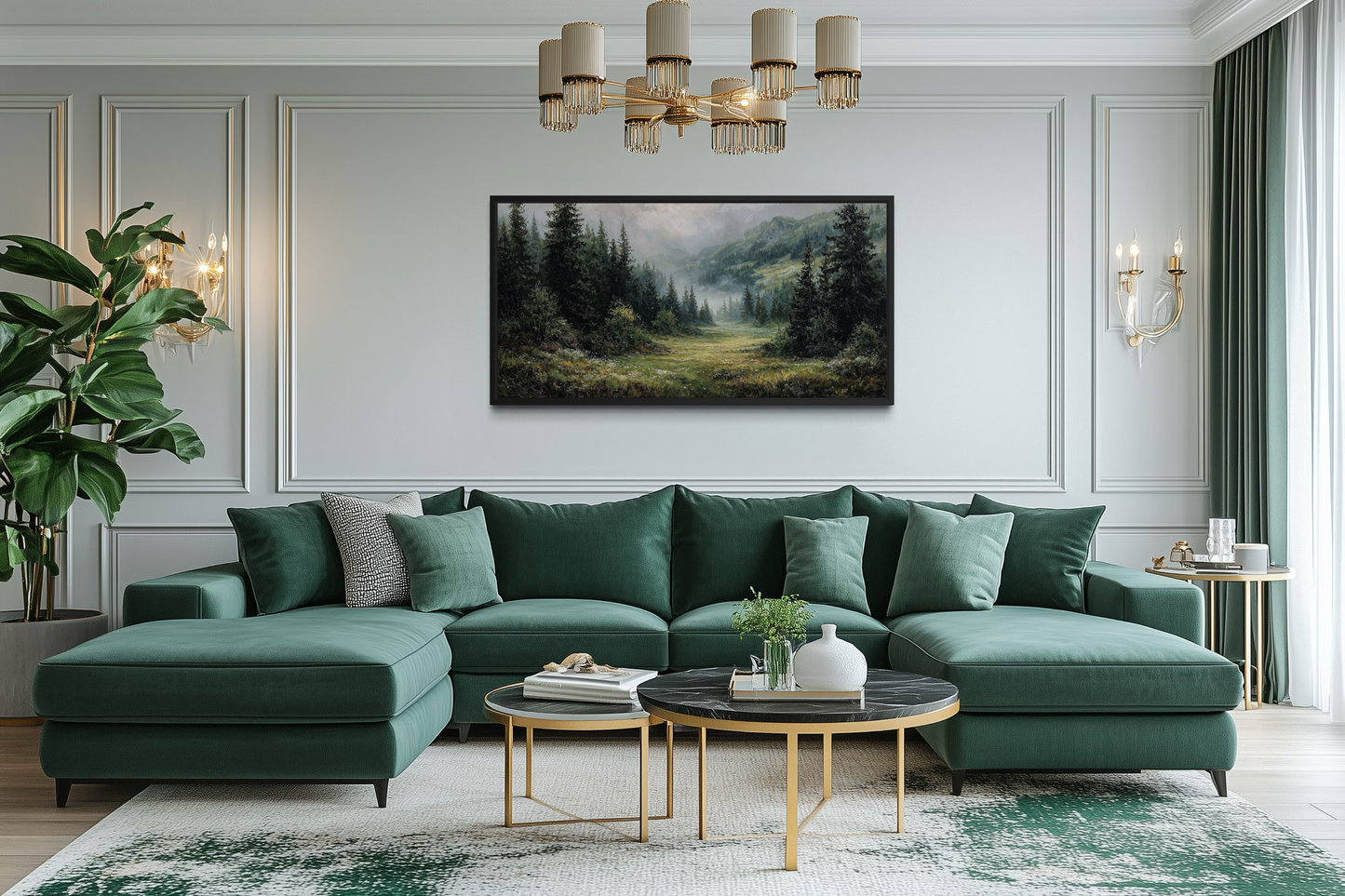 Misty Mountain Meadow and Pine Forest Canvas Wall Art