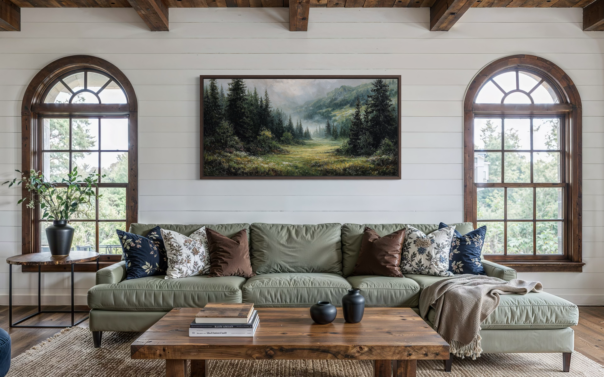 Misty Mountain Meadow and Pine Forest Canvas Wall Art