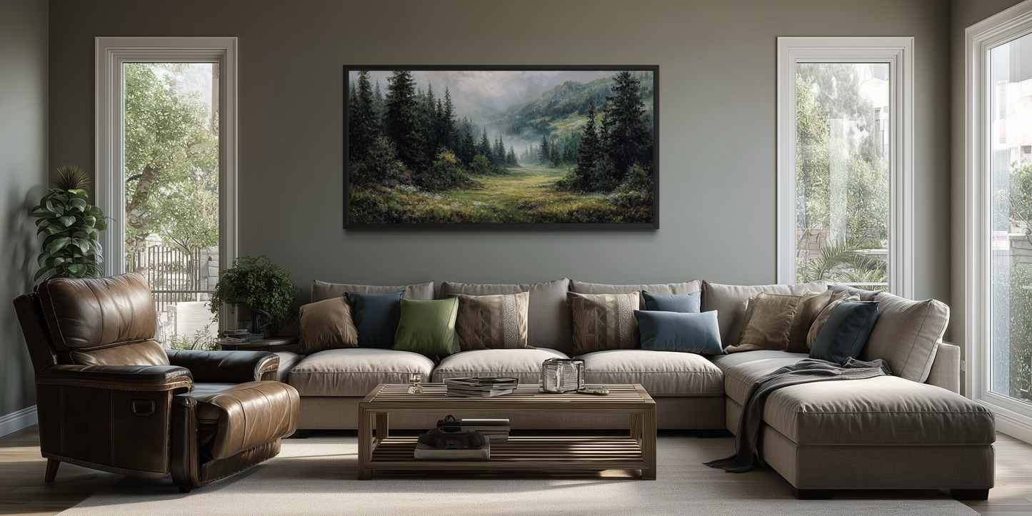 Misty Mountain Meadow and Pine Forest Canvas Wall Art
