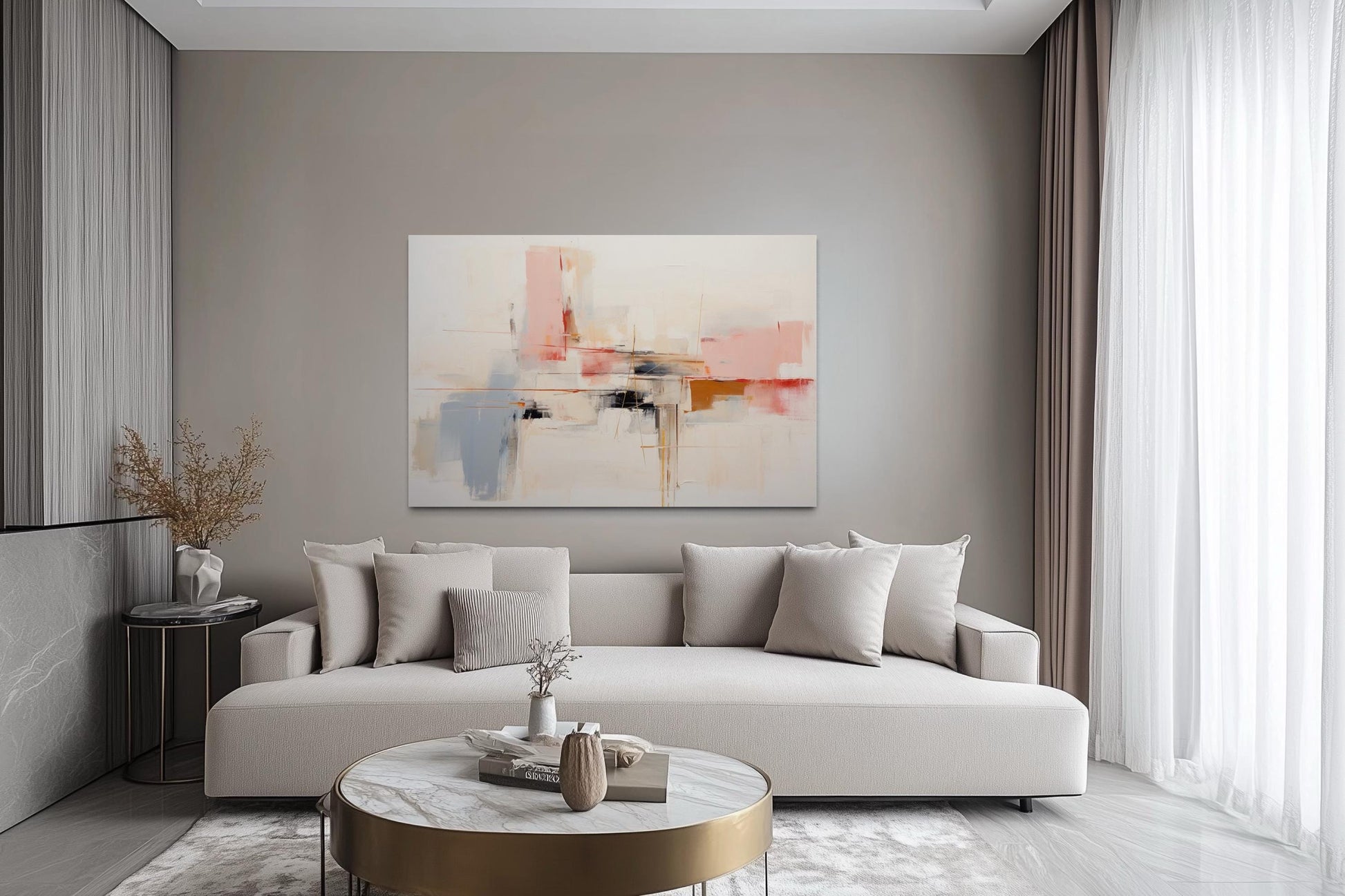 Modern Abstract Blush Pink Cream And Blue Canvas Wall Art